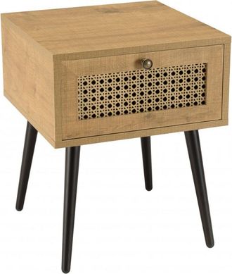 Macabane Mesa de noche marrón con 1 cajón efecto rejilla y patas de metal negro