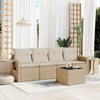 vidaXL Juego De Sof&aacute;s Jard&iacute;n Con Cojines 5 Pzas Rat&aacute;n Sint&eacute;tico Beige Vidaxl