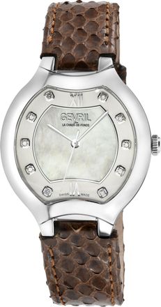 Gevril Group WoMens Lugano Swiss Diamond Watch, White MOP Dial Genuine Italian Handmade Leather - Silver - One Size