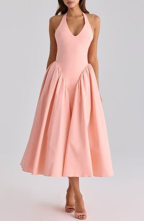 House of CB Marilyn Halter Stretch Cotton Midi Sundress in Peach at Nordstrom, Size X-Small