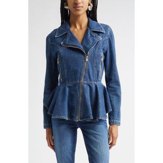L'agence Moxie Denim Peplum Biker Jacket in Norton at Nordstrom, Size Xx-Small