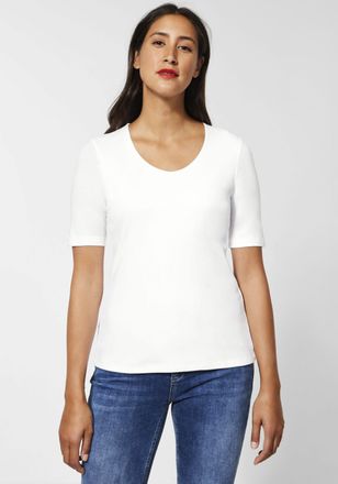 Street One T-Shirt STREET ONE Style Palmira, Damen, Gr. 34, weiss (wei&szlig;), Stoff, Obermaterial: 50% Baumwolle, 50% Modal, unifarben, Basic, k&ouml;rpernah h&uuml;ftlang, Ru