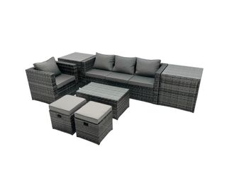 Fimous Outdoor Coffee Table Sofa Set with Side Tables 2 Small Footstools in Dark Grey