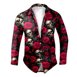 Generic Halloween Shirt Mens Long Sleeve Funny Long Sleeve Shirt Mens Button Down Vintage Shirts with Skull Flowers Print Comfortable Slim Fit Shirt Jacket Ca