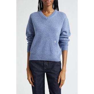 Sporty & Rich Embroidered Logo Cashmere & Wool V-Neck Sweater in Colony Blue at Nordstrom, Size X-Large