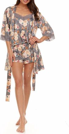 Flora Nikrooz Sabrina Floral Print Satin Short Pajamas & Robe Set in Grey at Nordstrom Rack, Size X-Small