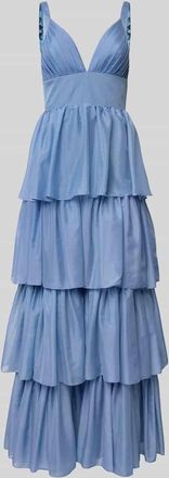 Unique Abendkleid mit Volantsaum und tiefem V-Ausschnitt in Blau, Gr&ouml;&szlig;e 38