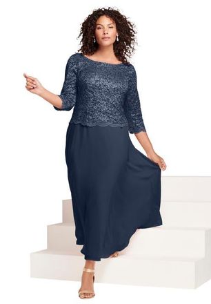 Roaman's Plus Size Sequin Lace Three Quarter Sleeve A-Line Gown in Navy at Nordstrom, Size 38