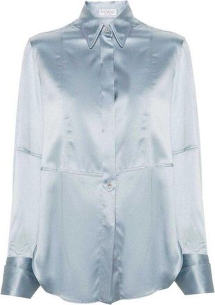 Brunello Cucinelli Silk Satin Light Blue Shirt, Size XXL