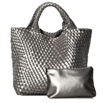 Generic Dyalsa Woven Bag for Women, Vegan Leather Tote Bag Large Summer Beach Handbag and Purse Retro Handmade Travel Shoulder Bag Set (Silver Grey)