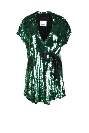 Erika Cavallini Semi Couture Short-Sleeved Sequin-Embellished Blouse with Wrap Tie