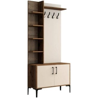 Dmora Muebles de entrada Loredana, Entrada para perchas, Composici&oacute;n para atrio, Consola de almacenamiento multifunci&oacute;n, 90x35 h200 cm, Nogal y Crema