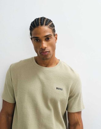 HUGO BOSS T-shirt a nido dape kaki chiaro con logo sul petto in coordinato-Verde