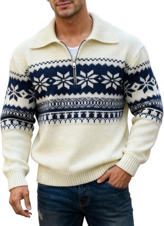 Generic Mens Jumper UK Knitted Look Warm Casual Knit Mens Sweaters Knitwear Thermal Lapel Print Jumpers for Men UK Designer Fleece Loose Fit Thickened Pullove