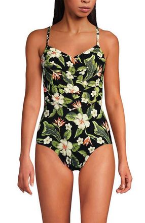 Lands End Slender Suit V-neck Pleated X-back One Piece Swimsuit Adjustable Straps in Hibiscus Floral/black at Nordstrom, Size 16