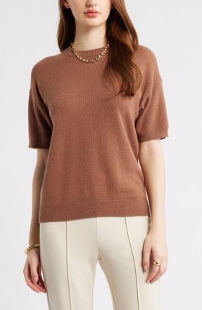 Nordstrom Short Sleeve Cashmere Sweater in Brown Clove at Nordstrom, Size Xx-Small