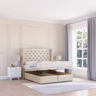 Sloomy Dior Plush Fabric Ottoman Bed End Opening With Sprung Memory Mattress & 54 Inch Floorstanding Headboard With Wings | Size: Small Double