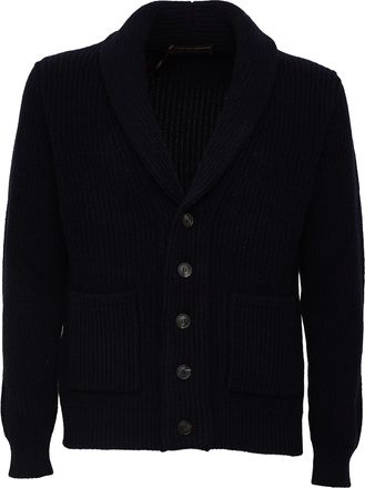 FILIPPO DE LAURENTIIS Ribbed Shawl Collar Wool Cashmere Pocket Cardigan