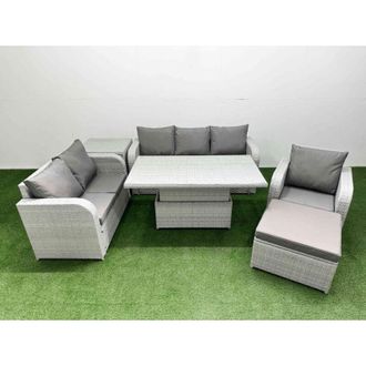 Fimous Patio pe Wicker 7 Seater Outdoor Rattan Furniture Sofa Sets with Adjustable Lifting Dining or Coffee Table Reclining Chair Loveseat Sofa 3 Seater