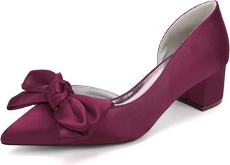 Generic Womens Satin Bridal Wedding Pumps Pointed Toe Block Heel Bridal Low Heels Style Bow Bridesmaid Shoes 4.5Cm,Burgundy,10 UK