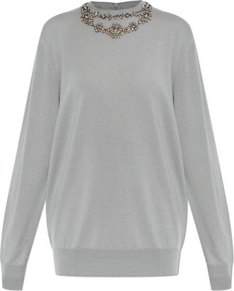 Valentino Garavani Sweater Met Kristallen Bij de Halslijn - Dames - Ronde hals truien - Grijs - XS - Wol - Truien & Vesten