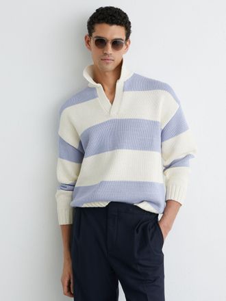 Reiss White & soft Blue Melange Cotton-blend Open-collar Rugby Jumper, Xxl