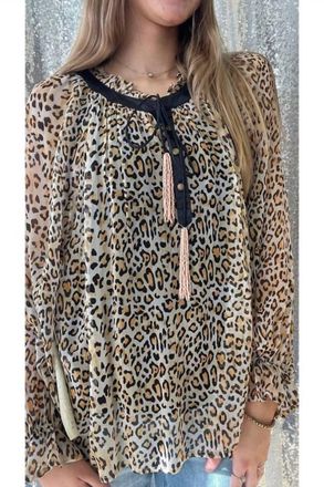 Aratta Chiffon Blouse With Beaded Tassel Detail In Brown Cheetah Print
