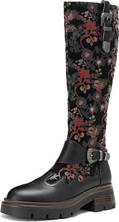 Generic Womens PU Leather Knee High Boots with Side Zipper Block Heel Platform Boots Round Toe Casual Long Boot with Buckle,Black Velvet Lining,5.5 UK