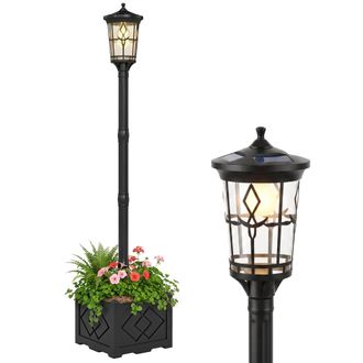 OUTSUNNY Farola Solar Exterior De Jard&iacute;n Con Macetero, 2 Modos De Brillo 100/50 Lm, Impermeable Ip44, Encendido/apagado Autom&aacute;tico, 41,5x41,5x202,5 Cm