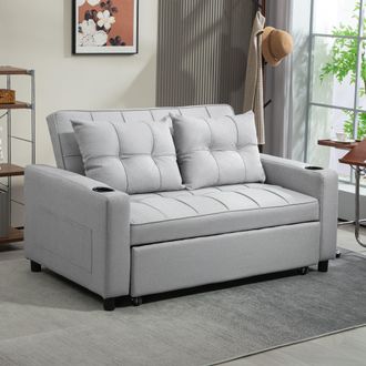 HOMCOM 2 Seater Pull Out Sofa Bed with Pockets for Living Room in Light Grey