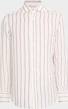 Brunello Cucinelli Mens Linen and Cotton Slim-Fit Textured Stripe Button-Down Shirt