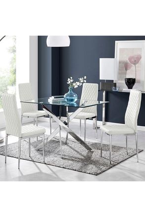 Furniturebox Leonardo Glass & Chrome Metal Dining Table & 4 Milan Chairs Set in White
