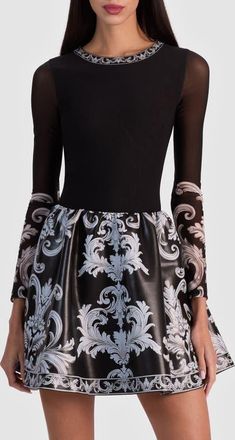 Alice & Olivia Chara Tapestry Print Long Sleeve Faux Leather Dress in Winters Tale at Nordstrom, Size 14