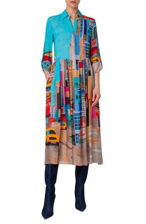 Akris NYC Paper Collage Print Long Sleeve Georgette Midi Shirtdress in Blue Multicolor at Nordstrom, Size 8