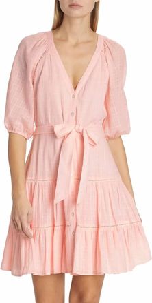 Veronica Beard Dewey Tiered Cotton Button-Up Tie Waist Dress In Pink-Haze