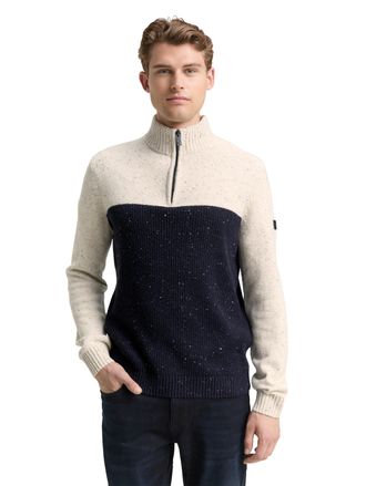 Tom Tailor Troyer TOM TAILOR, Herren, Gr. XXL, sanftes wei&szlig; navy color block, Strick, Obermaterial: 60% Baumwolle, 40% Polyacryl, colorblocking, regular fit norm