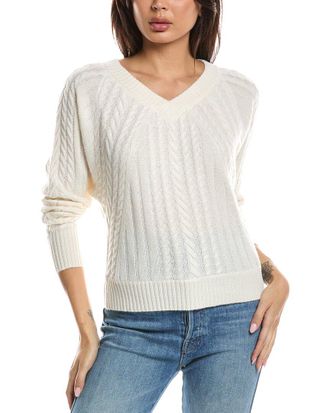 Fort&eacute; Cashmere Diagonal Cable V-Neck Cashmere Sweater