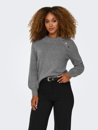 Only Rundhalspullover ONLY ONLEMMA LS BUTTON ONECK EX KNT, Damen, Gr. XS, medium grau melange, Strick, Obermaterial: 50% Polyacryl, 50% Polyester, unifarbe