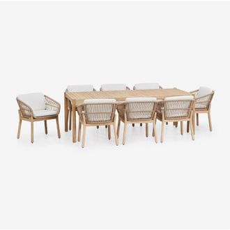 Sklum Sklum - Set tavolo rettangolare 220x100 cm e 8 sedie da giardino in legno di acacia e corda intrecciata Karvia
