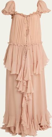 Chlo&eacute; Gathered Ruffle Organic Silk Mousseline Gown