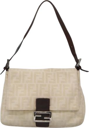 Fendi Mamma Baguette Beige Canvas Shoulder Bag (Pre-Owned)