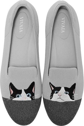 Vivaia Audrey Round-Toe Embroidered Loafers in Oyster Rich Grey Moo Cat at Nordstrom, Size 9.5