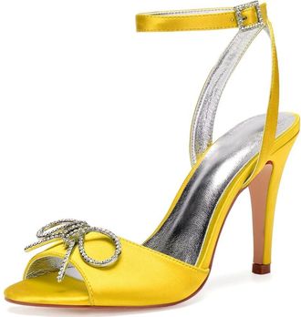 Generic Womens Heels Wedding Bridal Ankle Strap High Heels Heeled Open Toe Satin Prom Party Dress Stiletto Sandals 10.5Cm,Yellow,9 UK