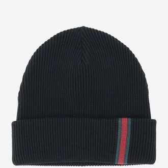 Gucci Mens Wool Beanie With Web Stripes Black Hat