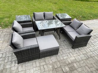 Fimous Rattan Garden Furniture Set Patio Outdoor Lounge Sofa Set with Rectangular Dining Table Double Seat Sofa 2 Side Tables in Dark Grey