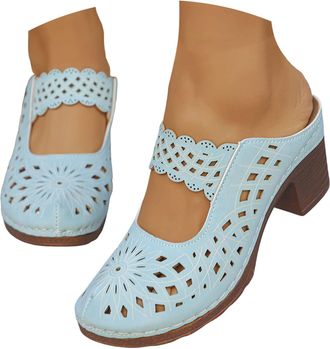 Generic Women Closed Round Toe Floral Cut Out Backless Platform Mules Chunky Super High Heel Slip on Stylish Dress Club Slide Sandals Retro Slip On Comfort Mu