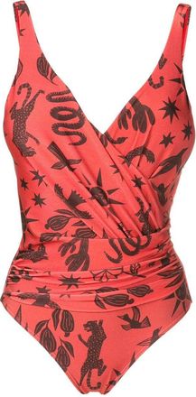 Lygia & Nanny Maisa draped-detail printed swimsuit - women - Spandex/Elastane/Polyamide - 40 - Brown