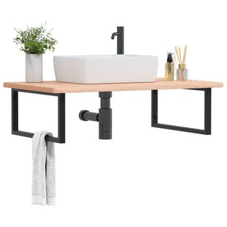 Berkfield Home Basin Shelf Wall Mounted Steel & Solid Wood Beech in Brown