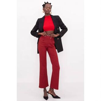 BSL Red High Waist Buttoned Straight Trousers
