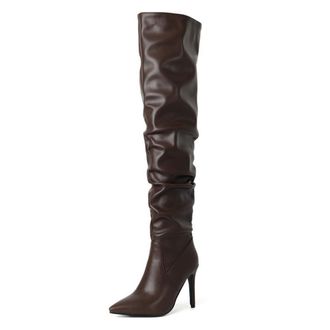 Generic Womens Slouch Ruched Thigh High Boots Pointed Toe Stiletto Heels Dressy Pumps Wide Calf Pull On Over The Knee Shoes (7.5,Brown)